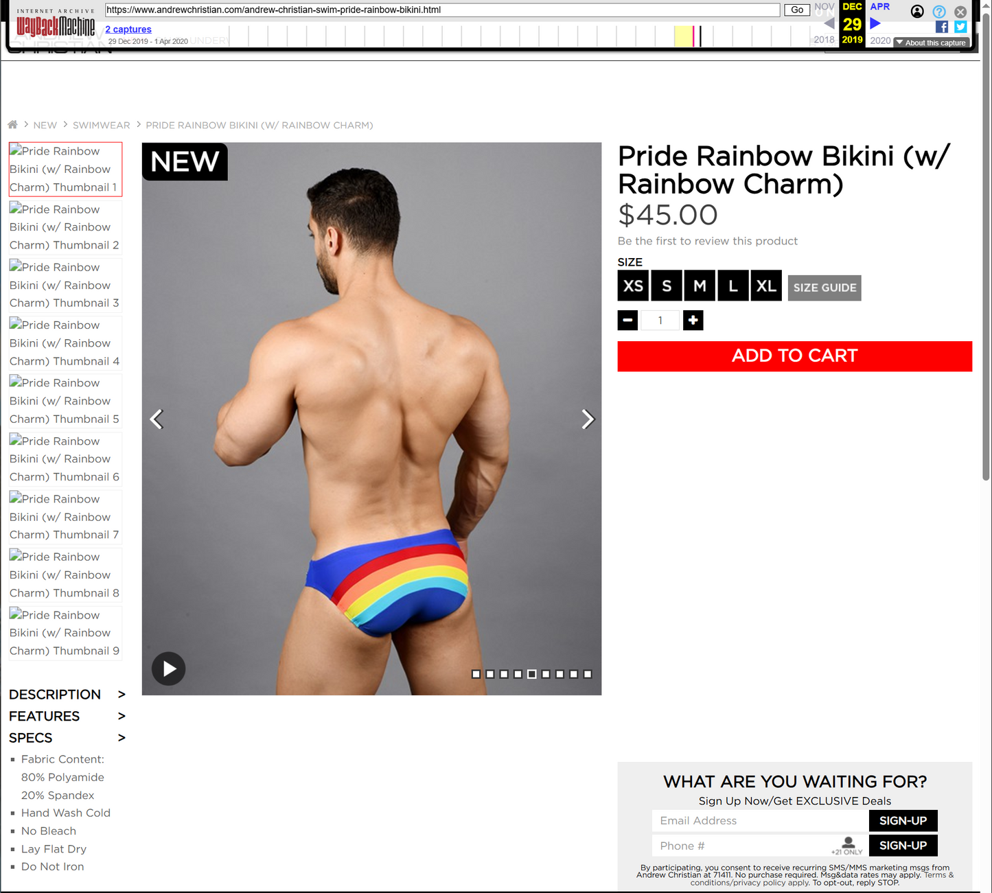 Andrew Christian 2019 7740 Pride Rainbow Bikini (w/ Rainbow Charm) Medium