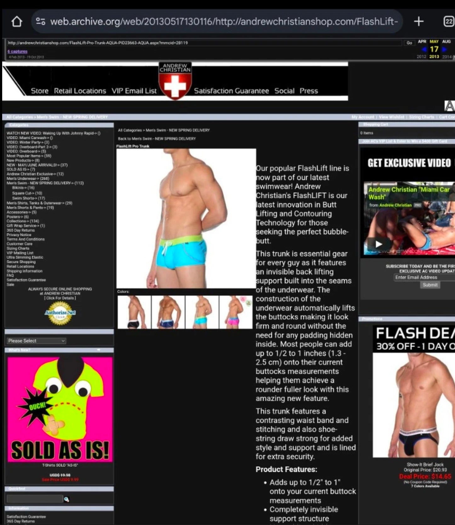 Andrew Christian Vintage Swim Squarecut with FlashLIFT Butt Lift Large