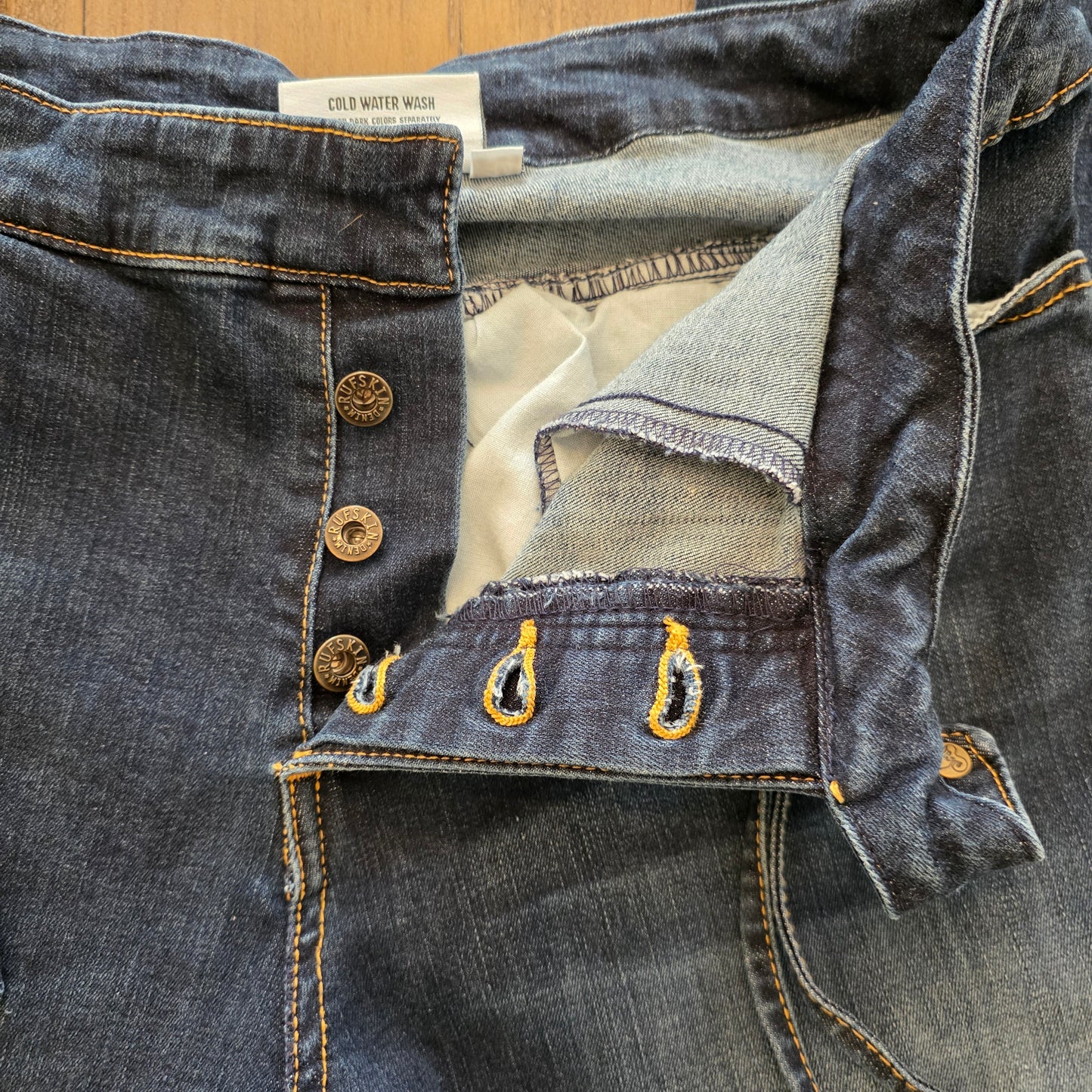 Rufskin Dug Stretch Cotton Side-Tie Jeans Distressed 34" x 28"