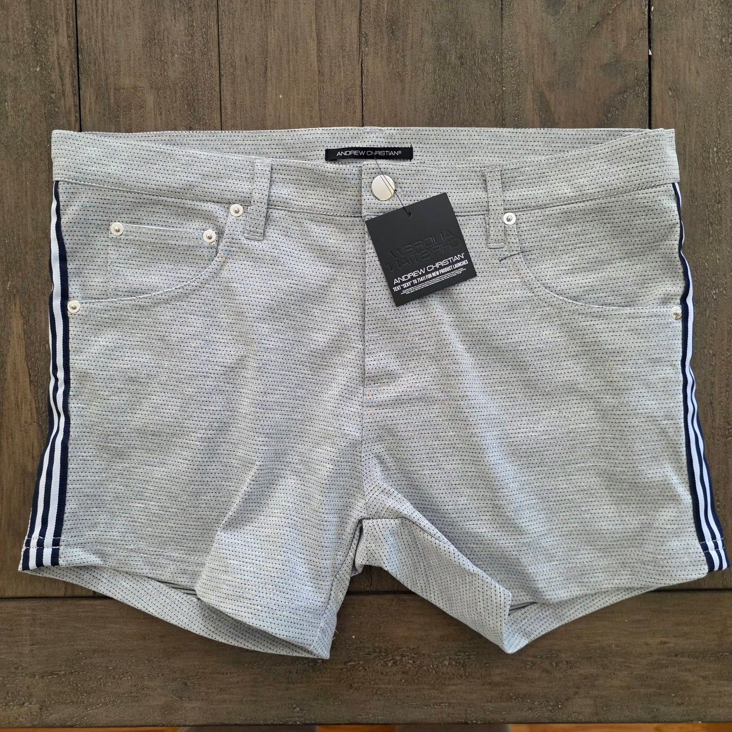 Andrew Christian 6784 Skinny Stretch Jean Shorts Gray with Blue Stripes 32 Waist
