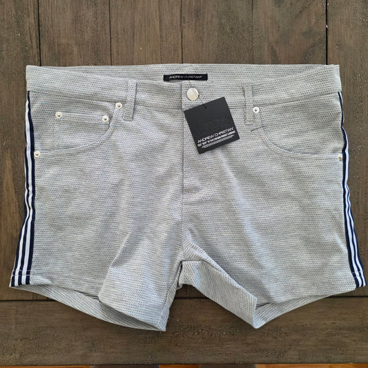 Andrew Christian 6784 Skinny Stretch Jean Shorts Gray with Blue Stripes 32 Waist