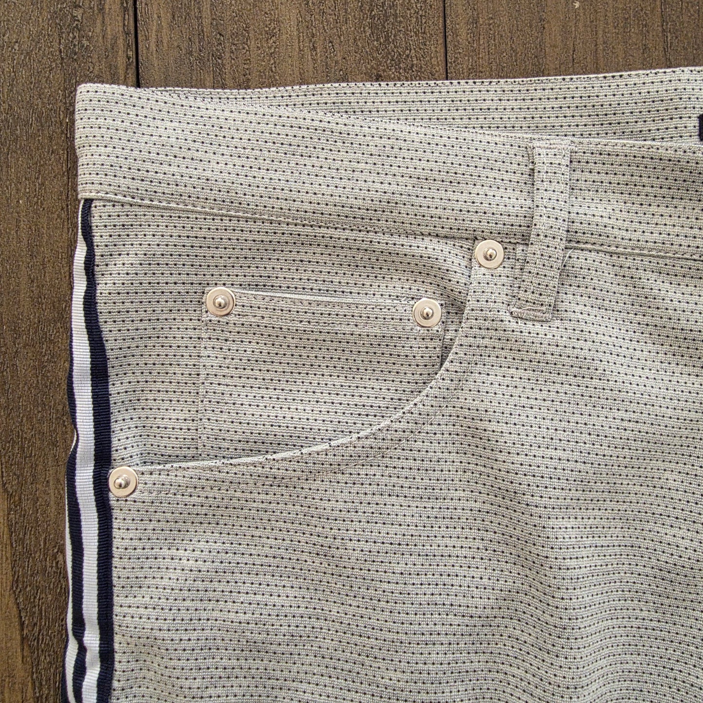 Andrew Christian 6784 Skinny Stretch Jean Shorts Gray with Blue Stripes 32 Waist