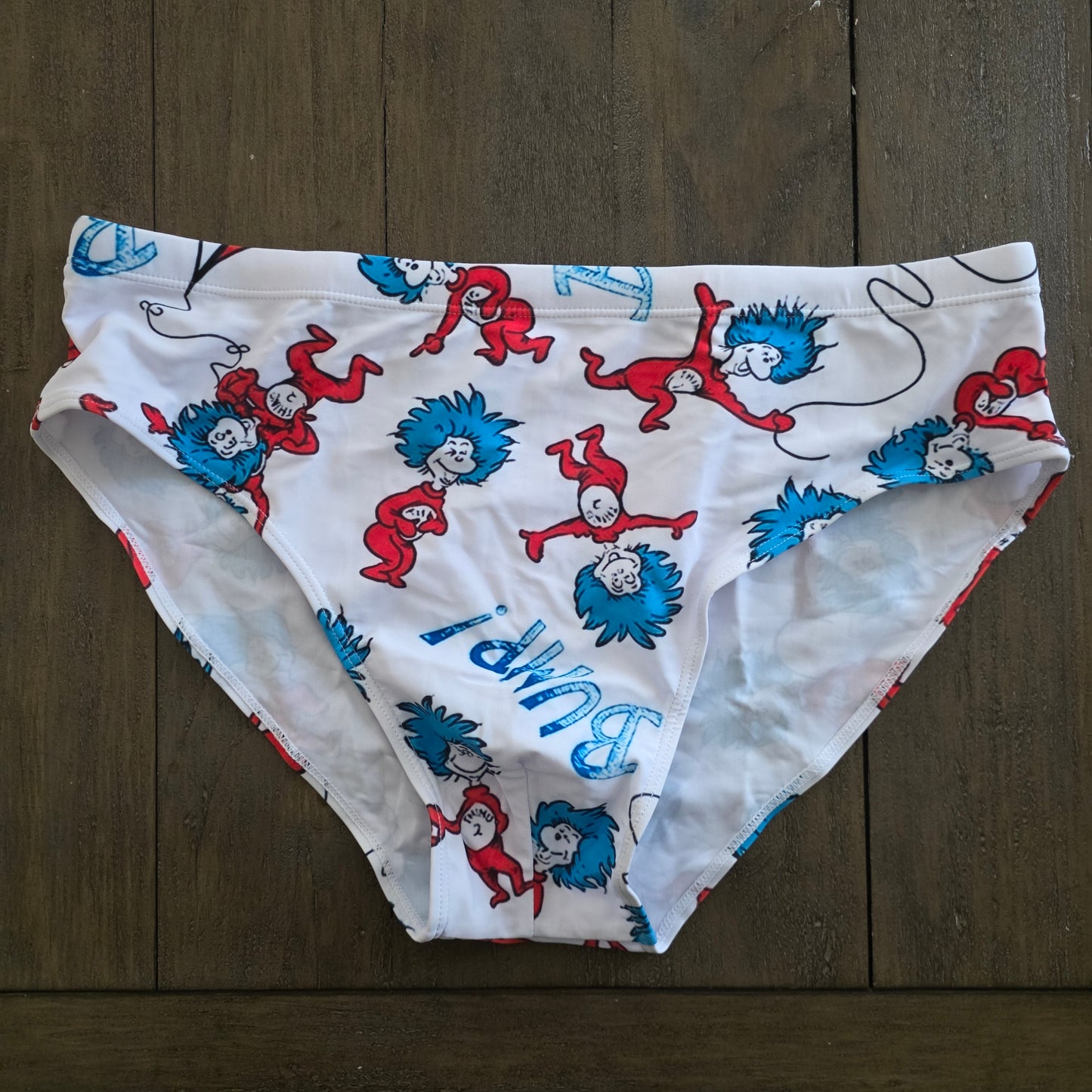 Men's Swim Bikini Briefs Cute Dr. Seuss Thing 1 and Thing 2 Print White XL