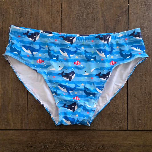 Men's Swim Bikini Briefs Cute Whales, Sharks, and Fish Print Blue XL