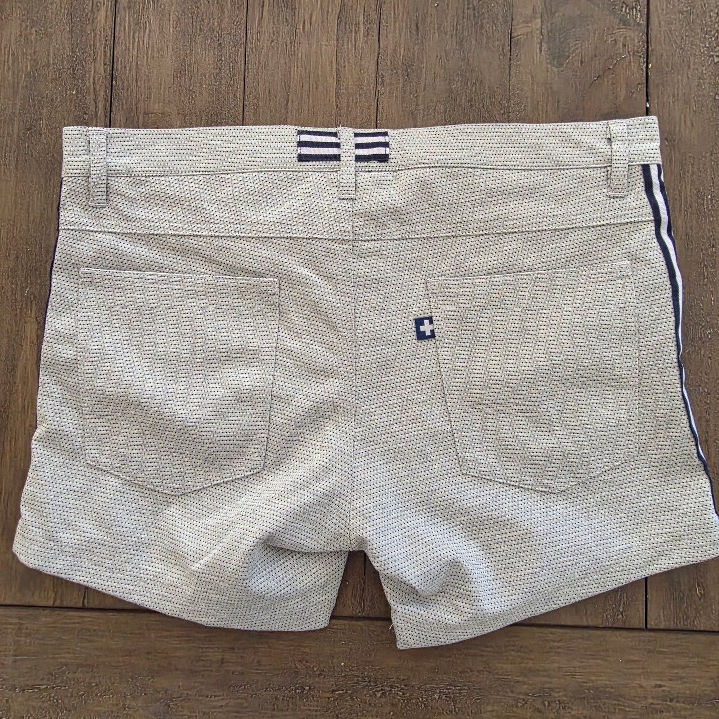 Andrew Christian 6784 Skinny Stretch Jean Shorts Gray with Blue Stripes 32 Waist