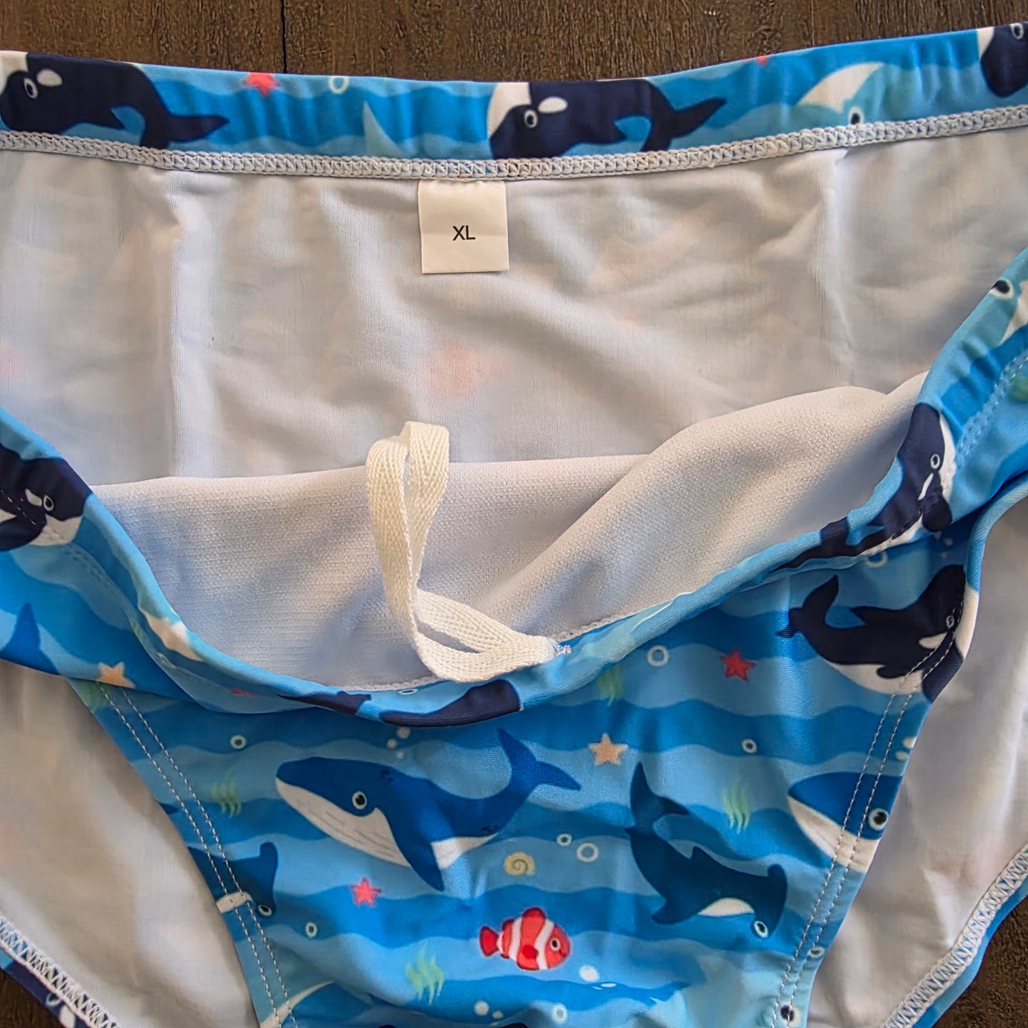 Men's Swim Bikini Briefs Cute Whales, Sharks, and Fish Print Blue XL