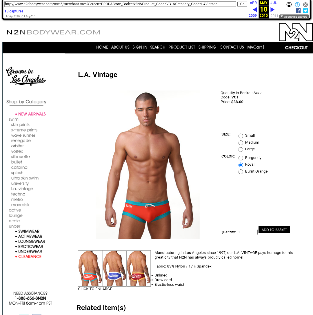 N2N Bodywear 2009 Vintage VC1 L.A. Vintage Swim Brief Trunks Blue Medium